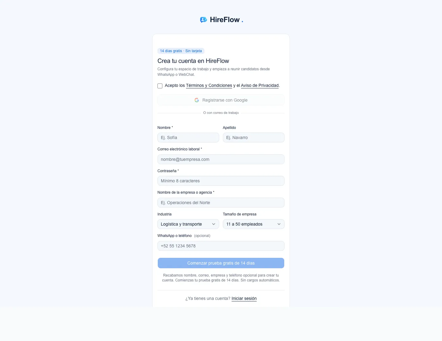 Formulario de registro de HireFlow