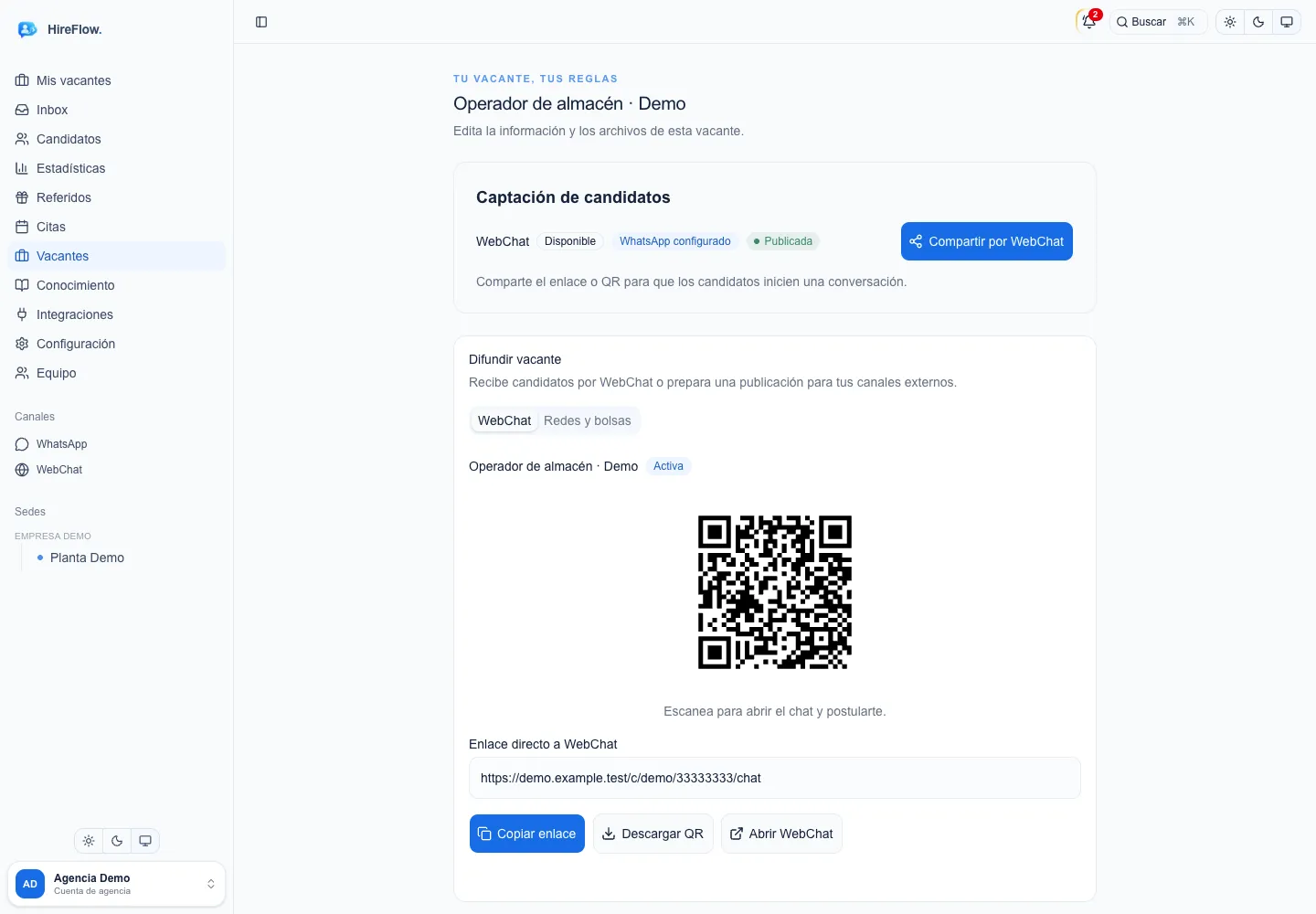 Enlace y QR del WebChat de una vacante