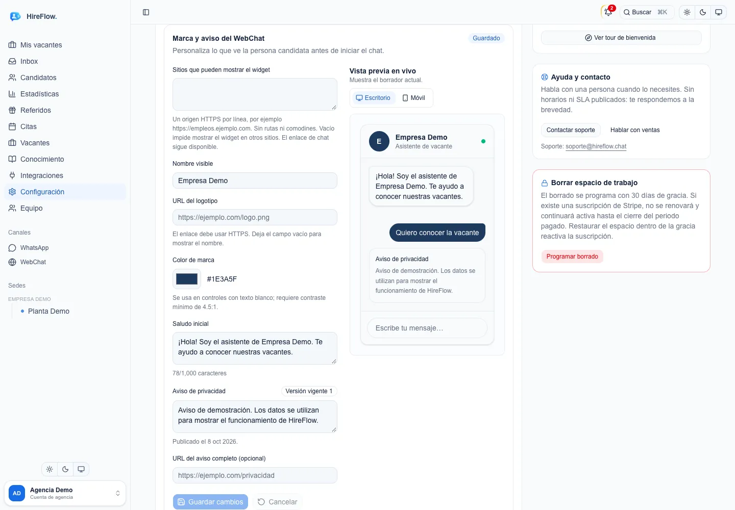 Editor de marca del WebChat con vista previa